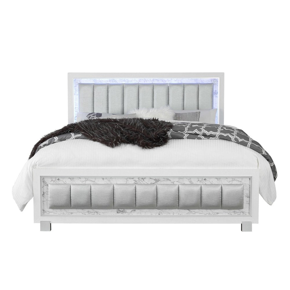 Modern Luxurious White Queen Bed With Padded Headboard  Led Lightning HomeRoots