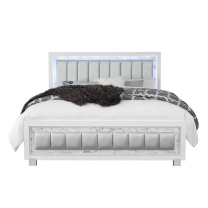 Modern Luxurious White Queen Bed With Padded Headboard  Led Lightning HomeRoots