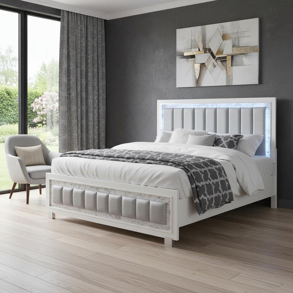 Modern Luxurious White Queen Bed With Padded Headboard  Led Lightning HomeRoots