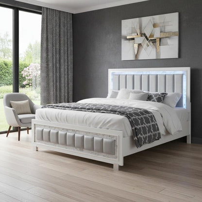 Modern Luxurious White Queen Bed With Padded Headboard  Led Lightning HomeRoots