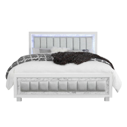 White Solid Wood And Faux Leather Lighted King Bed Frame With No HomeRoots