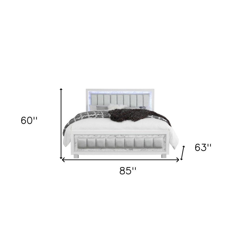 White Solid Wood And Faux Leather Lighted King Bed Frame With No HomeRoots