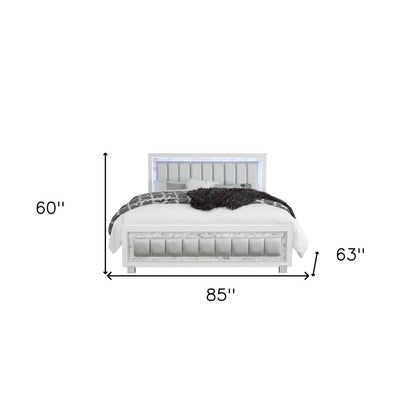 White Solid Wood And Faux Leather Lighted King Bed Frame With No HomeRoots