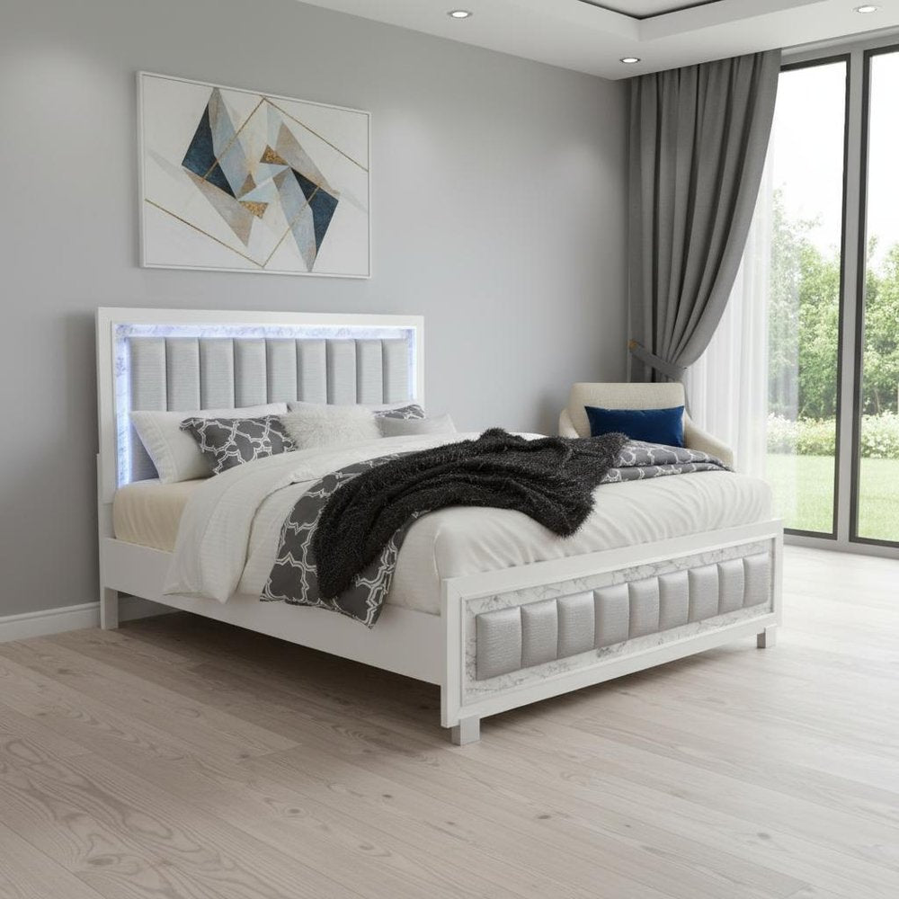 White Solid Wood And Faux Leather Lighted King Bed Frame With No HomeRoots