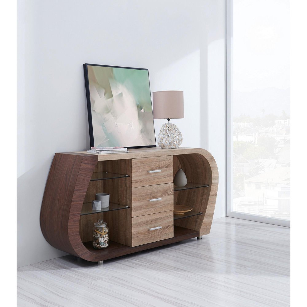Oak And Walnut Multi Tone Buffet With 3 Drawers HomeRoots