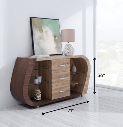 Oak And Walnut Multi Tone Buffet With 3 Drawers HomeRoots
