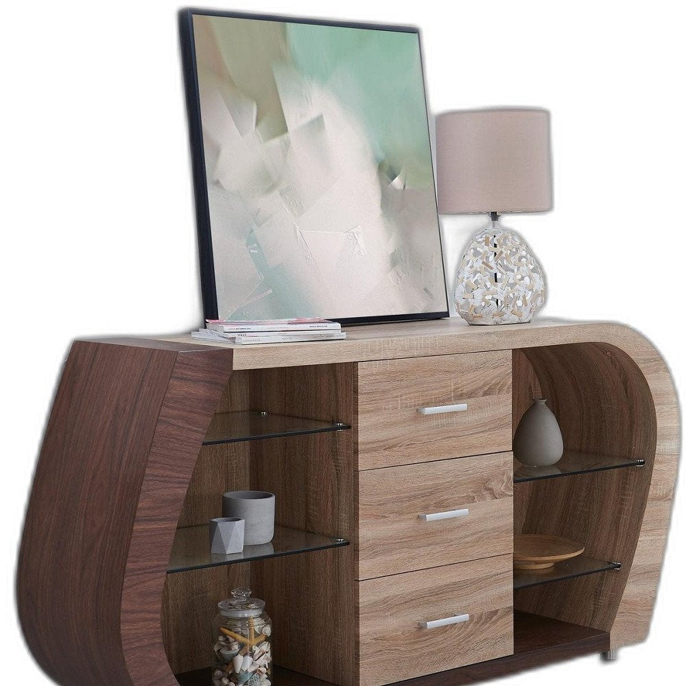 Oak And Walnut Multi Tone Buffet With 3 Drawers HomeRoots