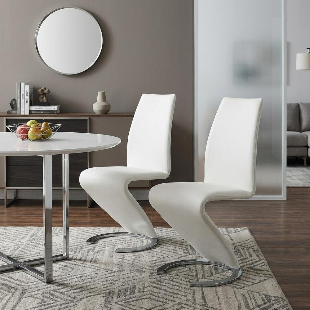 Set of Two White and Silver Upholstered Faux Leather Dining Parsons Chairs HomeRoots