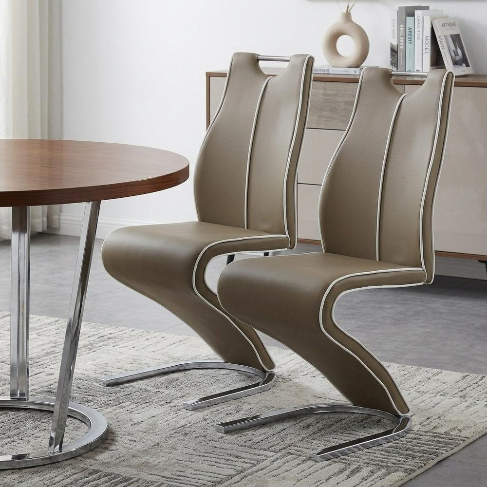 Set of Two Brown and Silver Upholstered Faux Leather Dining Parsons Chairs HomeRoots