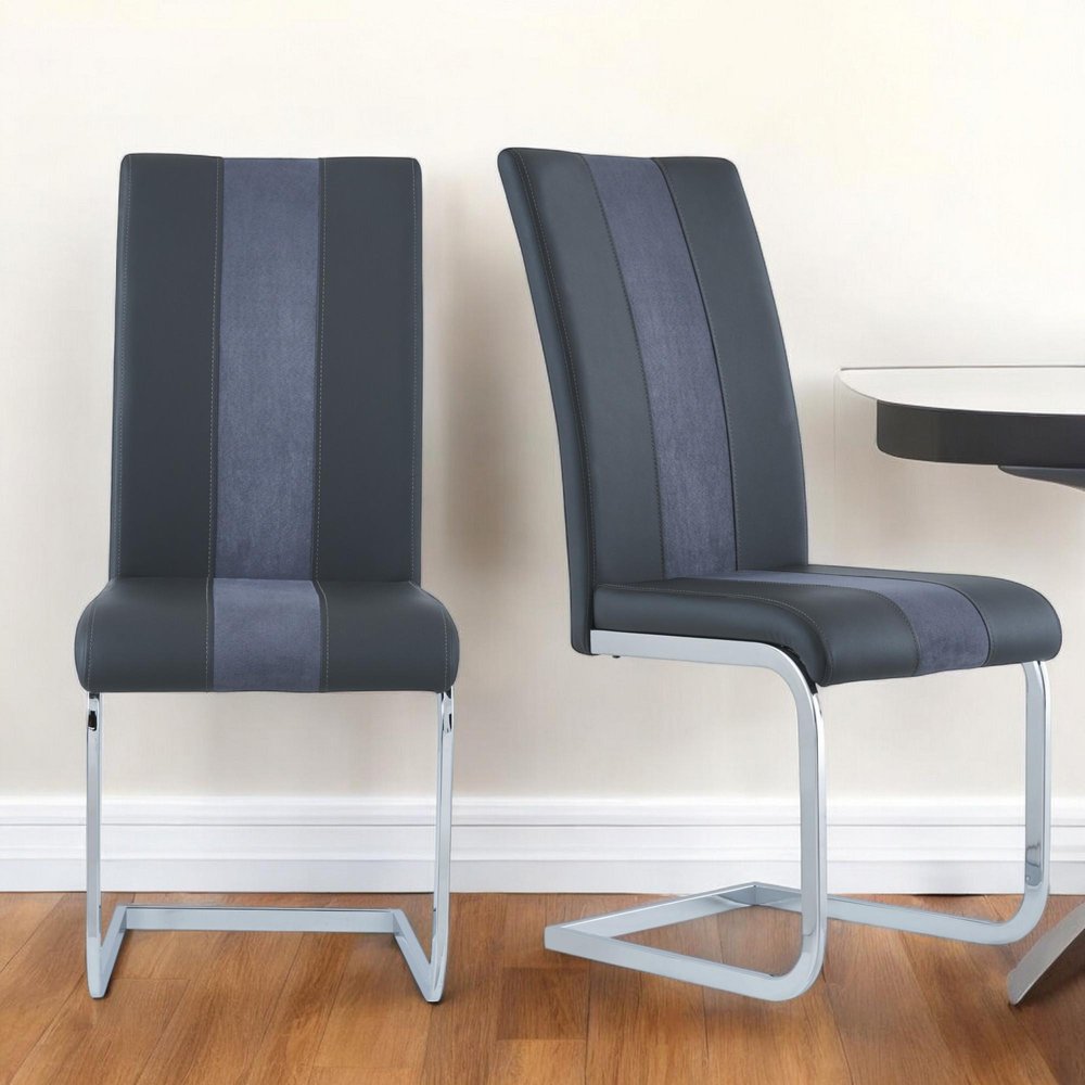 Set of Four Gray and Silver Upholstered Faux Leather Dining Side Chairs HomeRoots