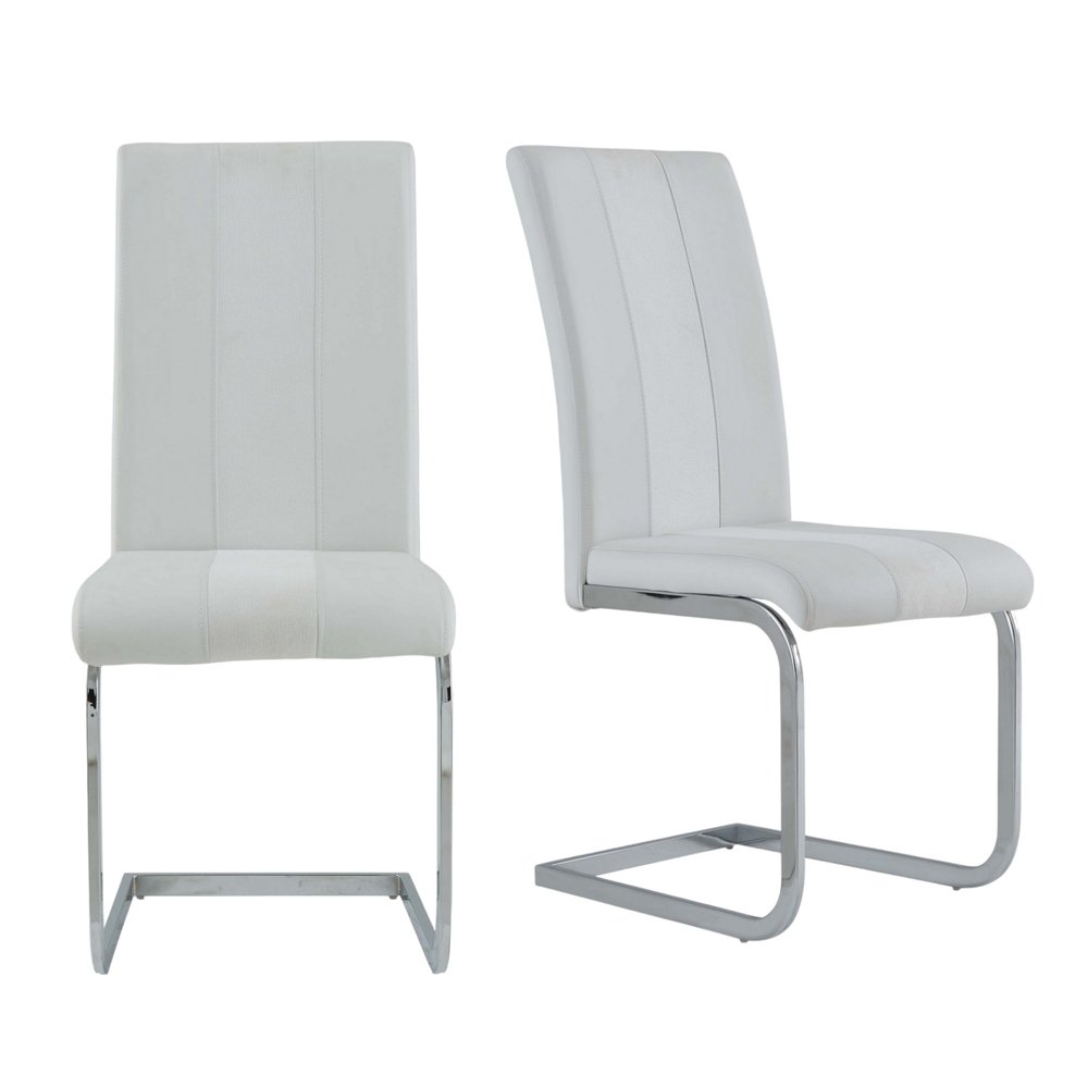 Set of Four White and Silver Upholstered Faux Leather Dining Side Chairs HomeRoots