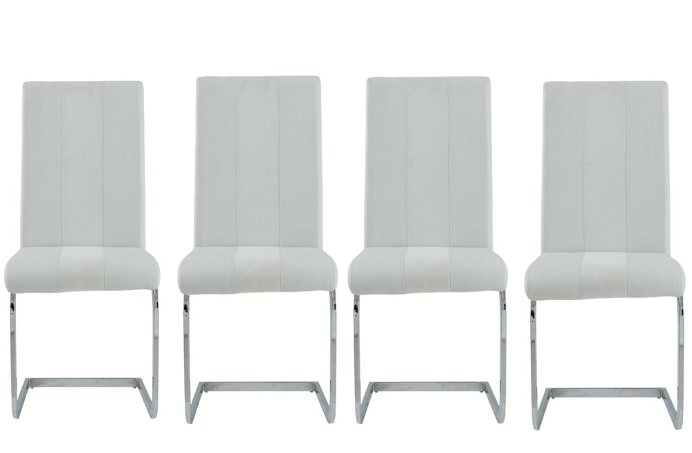 Set of Four White and Silver Upholstered Faux Leather Dining Side Chairs HomeRoots