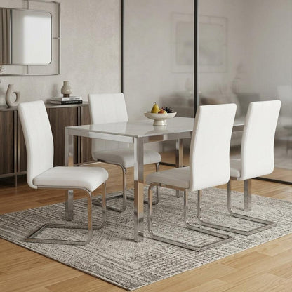 Set of Four White and Silver Upholstered Faux Leather Dining Side Chairs HomeRoots