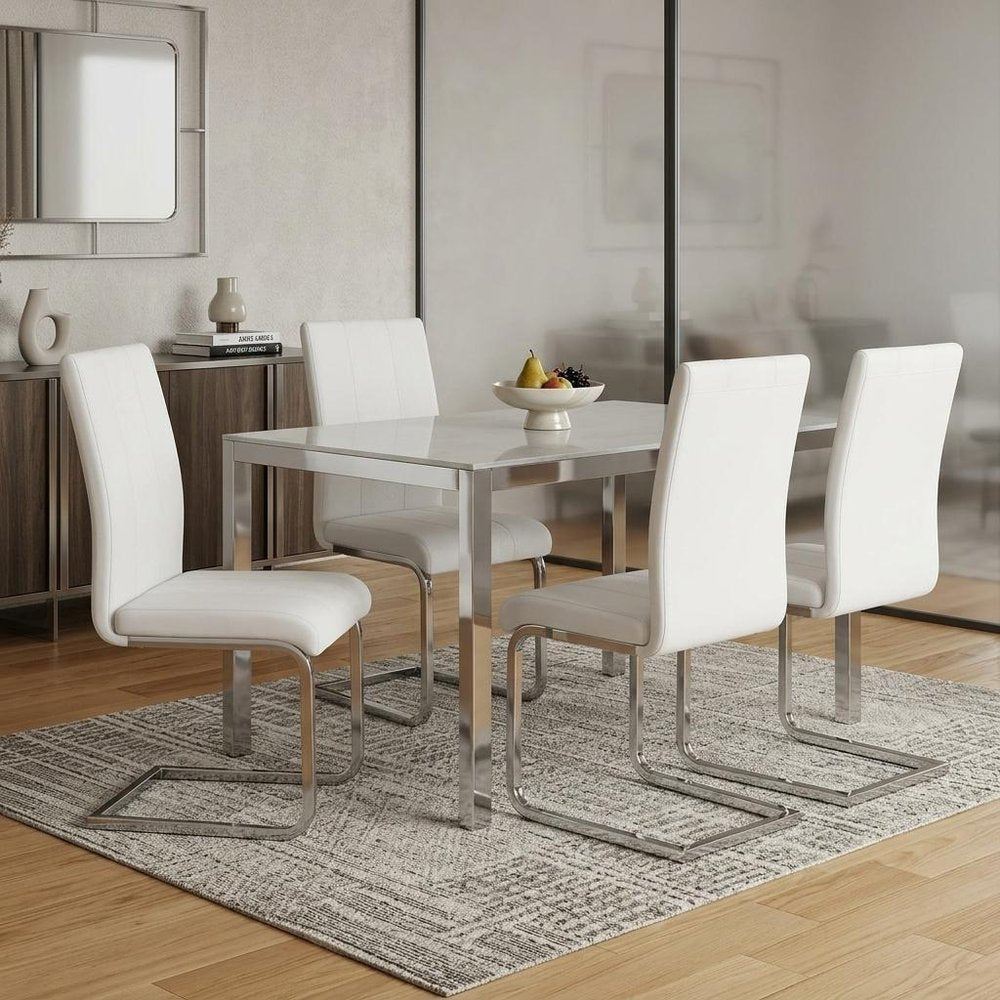 Set of Four White and Silver Upholstered Faux Leather Dining Side Chairs HomeRoots