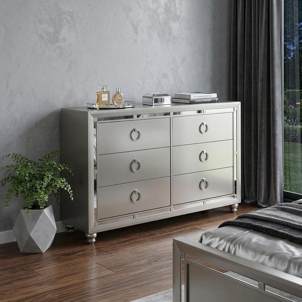 58" Silver Solid Wood Six Drawer Double Dresser HomeRoots