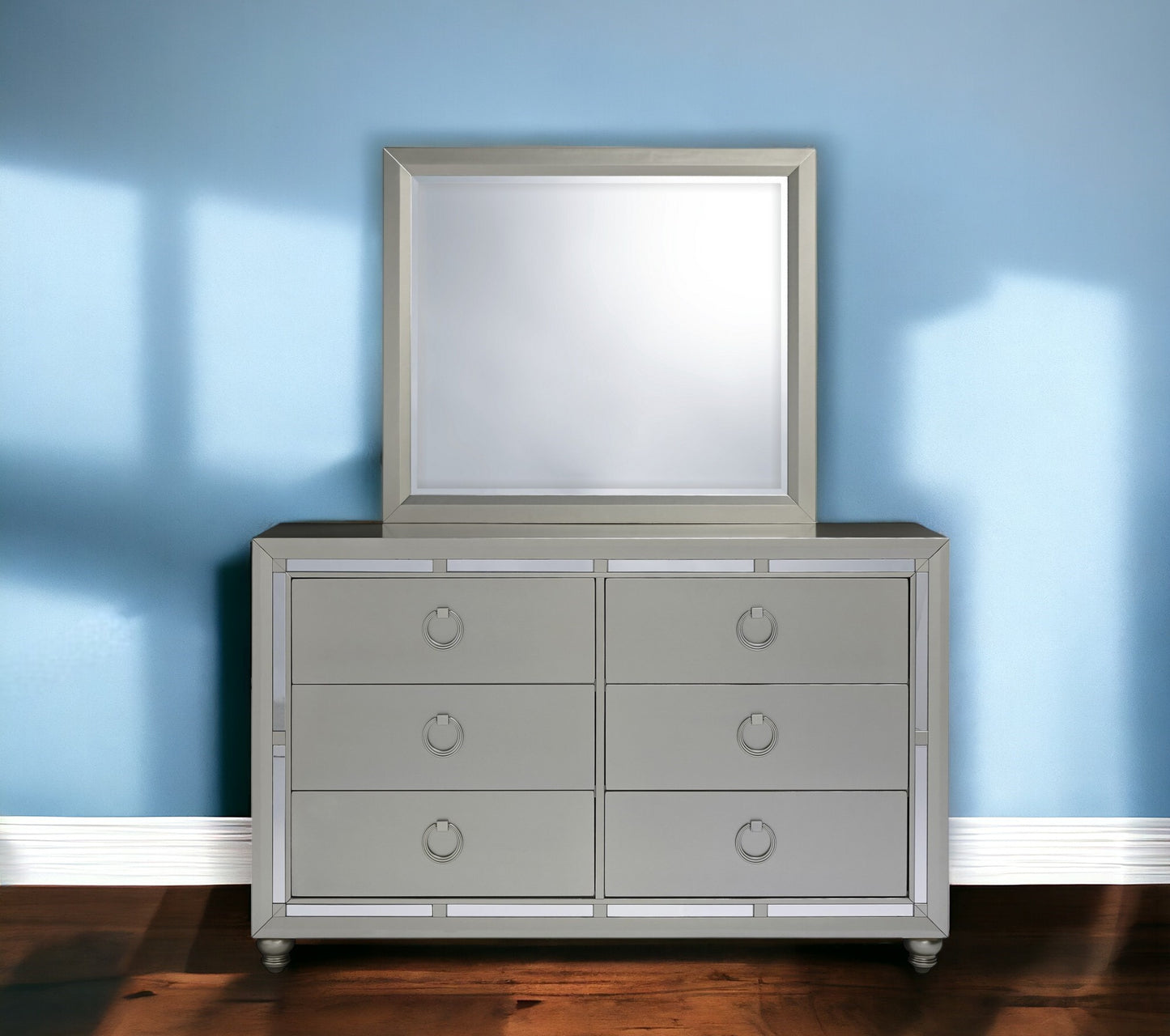 Modern Silver Tone Mirror With Sleek Wood Trim