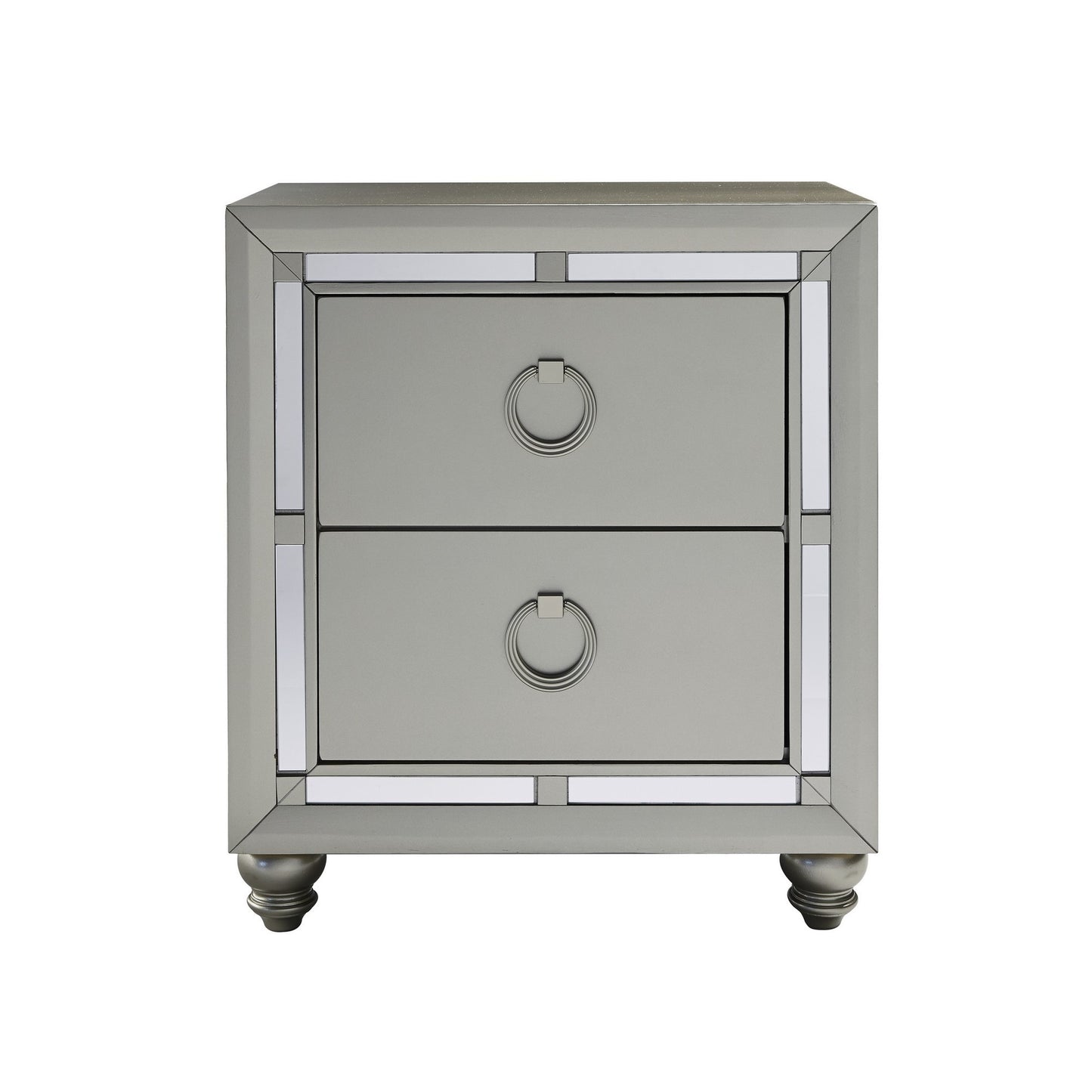 Silver Champagne Tone Nightstand With 2 Drawer  Mirror Trim Accent