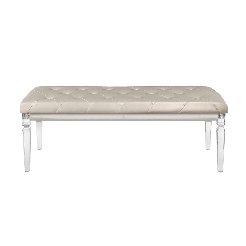 54" Champagne And Clear Faux Leather And Acrylic Upholstered Entryway Stool HomeRoots