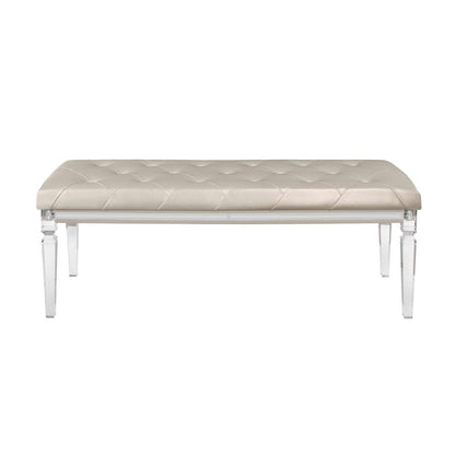 54" Champagne And Clear Faux Leather And Acrylic Upholstered Entryway Stool HomeRoots