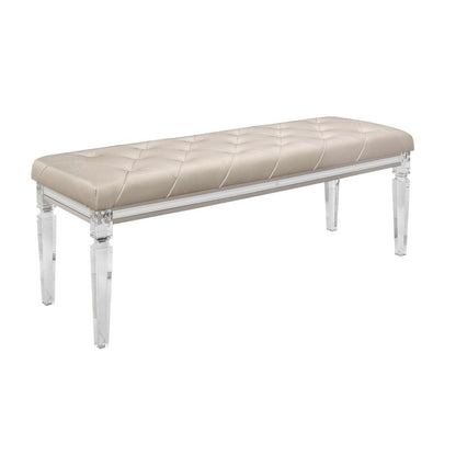 54" Champagne And Clear Faux Leather And Acrylic Upholstered Entryway Stool HomeRoots