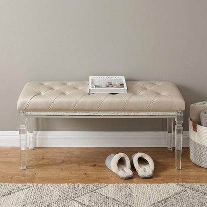 54" Champagne And Clear Faux Leather And Acrylic Upholstered Entryway Stool HomeRoots