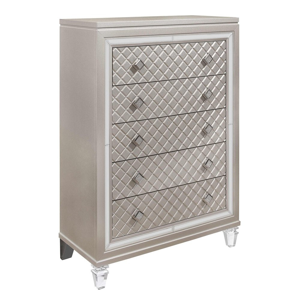 65" Champagne Carved Geometric Solid Wood Mirrored Six Drawer Dresser HomeRoots