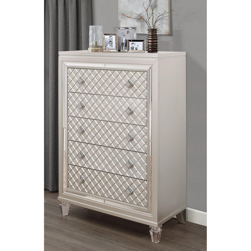 65" Champagne Carved Geometric Solid Wood Mirrored Six Drawer Dresser HomeRoots
