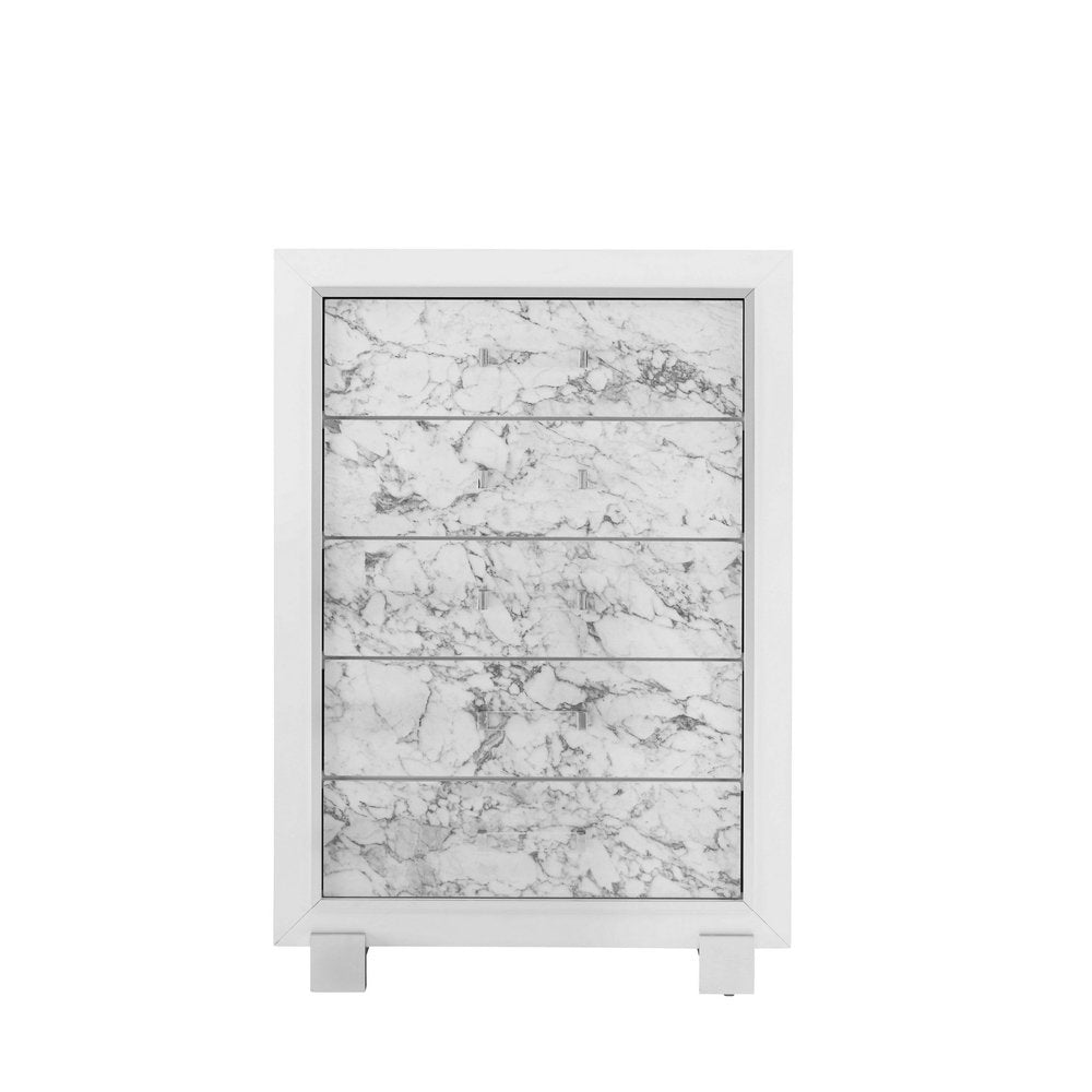 Modern White Chest With 5 Faux Marble Detailed Front Drawer. HomeRoots
