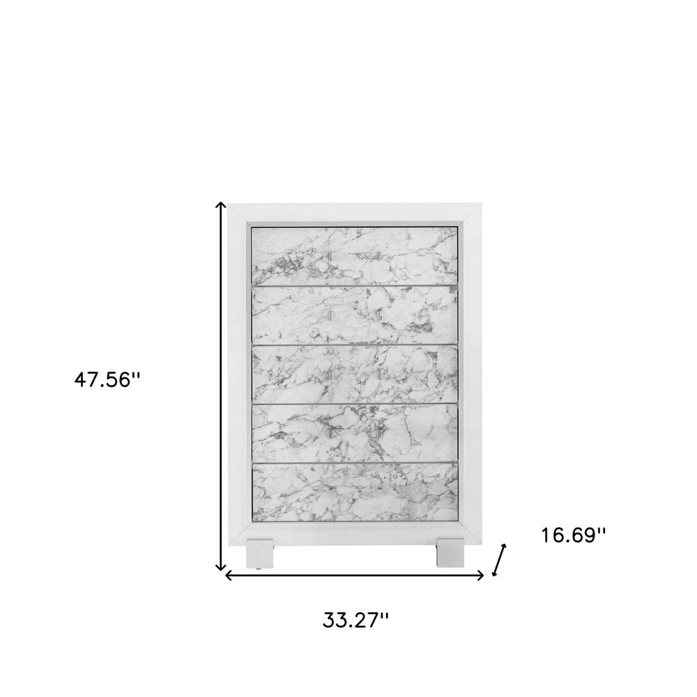 Modern White Chest With 5 Faux Marble Detailed Front Drawer. HomeRoots