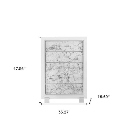 Modern White Chest With 5 Faux Marble Detailed Front Drawer. HomeRoots