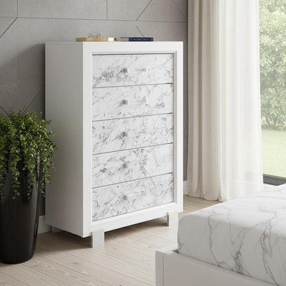 Modern White Chest With 5 Faux Marble Detailed Front Drawer. HomeRoots