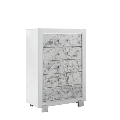 33" White Faux Marble And Solid Wood Five Drawer Dresser HomeRoots