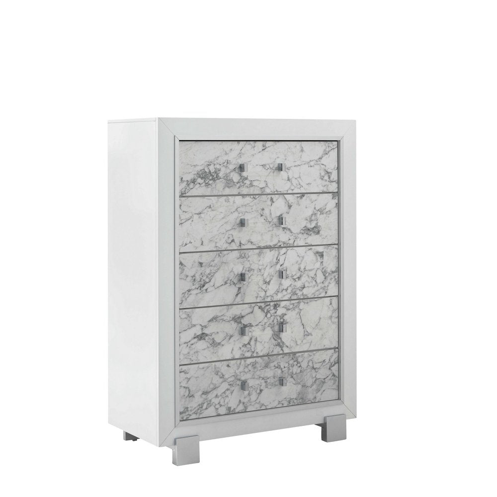 Modern White Chest With 5 Faux Marble Detailed Front Drawer. — view 2