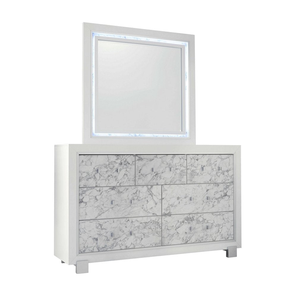 Modern White Chest With 5 Faux Marble Detailed Front Drawer. HomeRoots