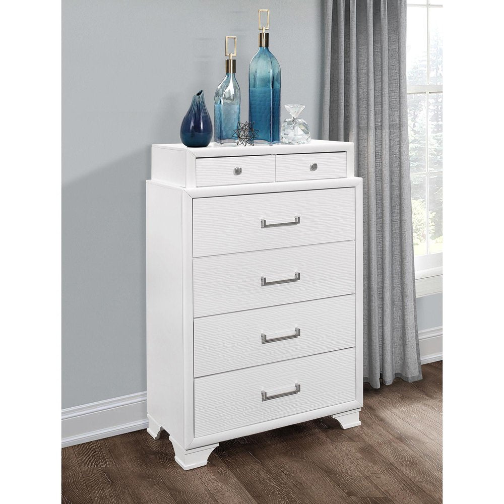 35" White Ribbed Texture Solid Wood Six Drawer Dresser
