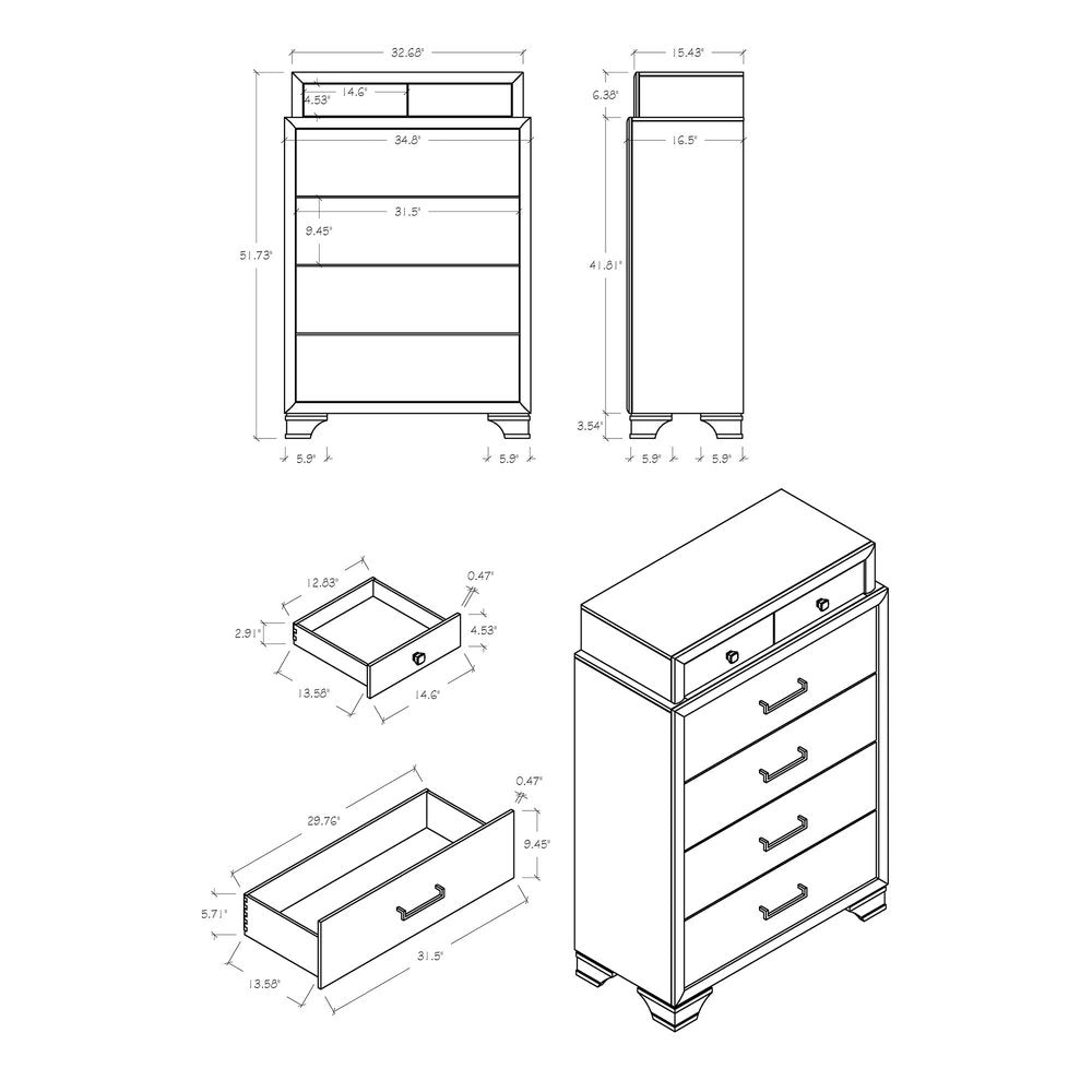 35" White Ribbed Texture Solid Wood Six Drawer Dresser — view 9