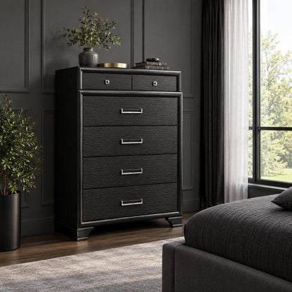 59" Gray Ribbed Texture Solid Wood Nine Drawer Double Dresser