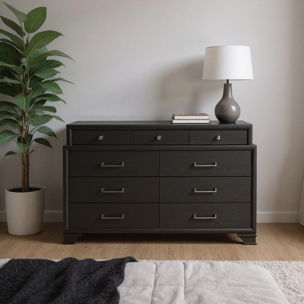 59" Gray Ribbed Texture Solid Wood Nine Drawer Double Dresser — view 6