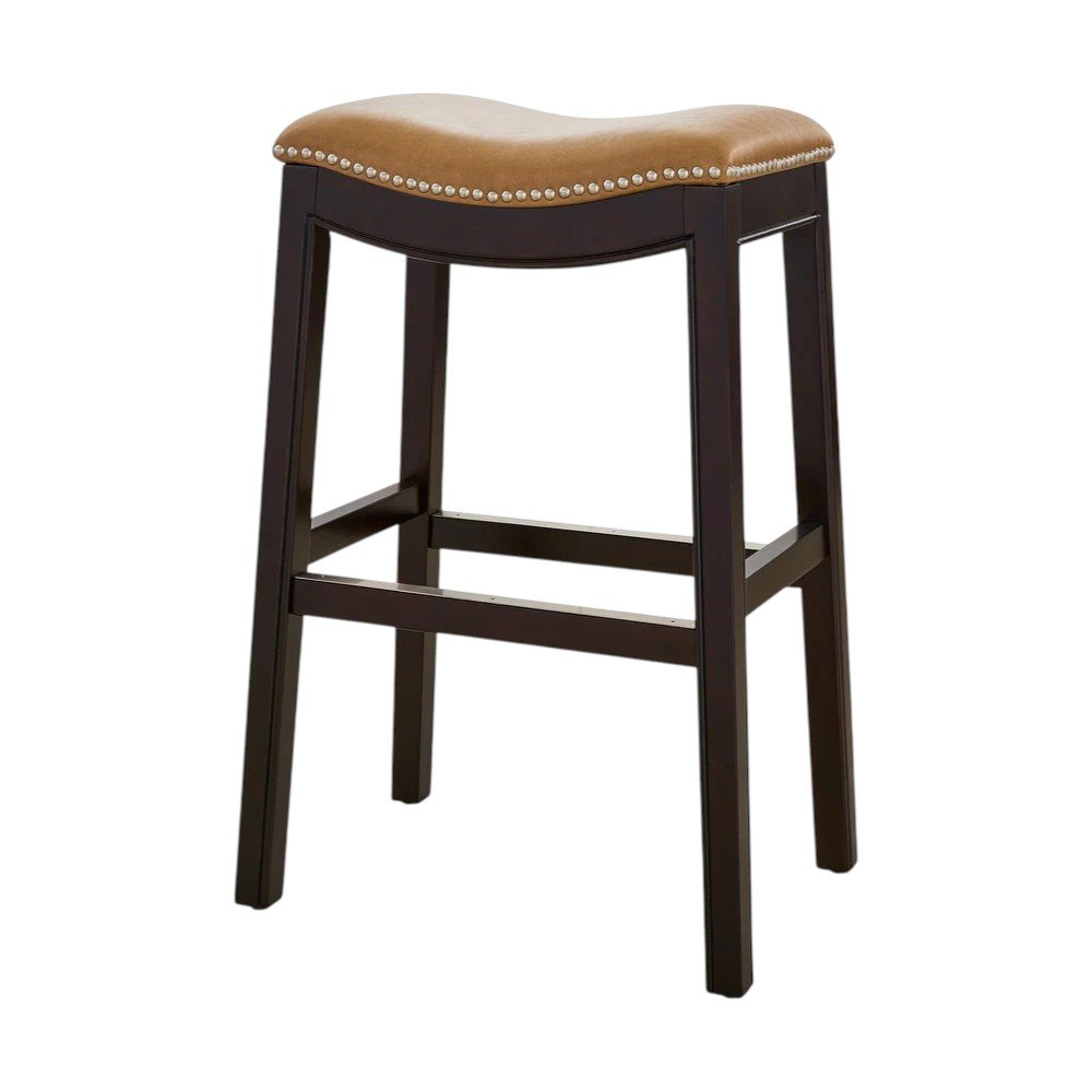 31" Tan And Espresso Faux Leather And Solid Wood Backless Counter Height Bar Chair HomeRoots