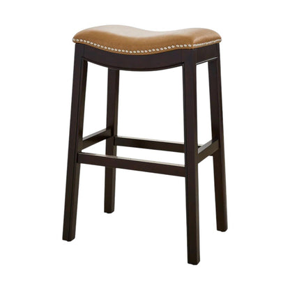 31" Tan And Espresso Faux Leather And Solid Wood Backless Counter Height Bar Chair HomeRoots