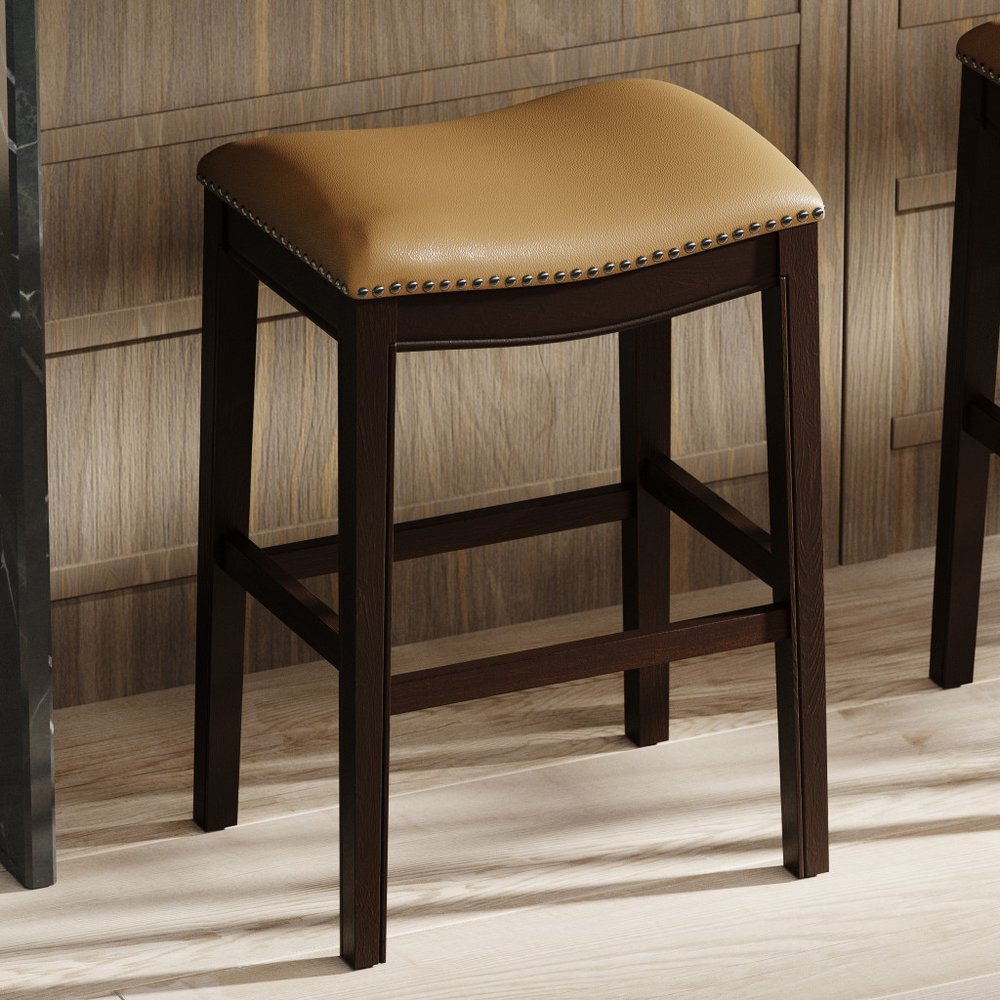 31" Tan And Espresso Faux Leather And Solid Wood Backless Counter Height Bar Chair HomeRoots