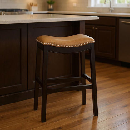 31" Tan And Espresso Faux Leather And Solid Wood Backless Counter Height Bar Chair HomeRoots