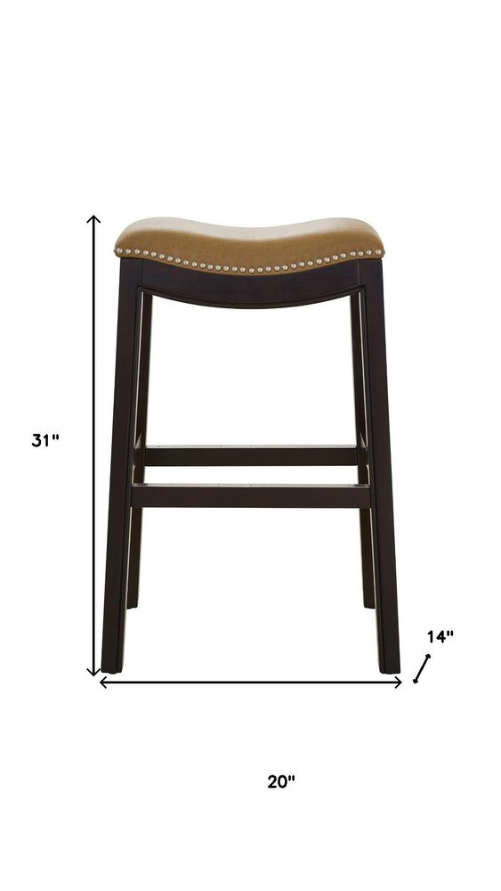 31" Tan And Espresso Faux Leather And Solid Wood Backless Counter Height Bar Chair HomeRoots