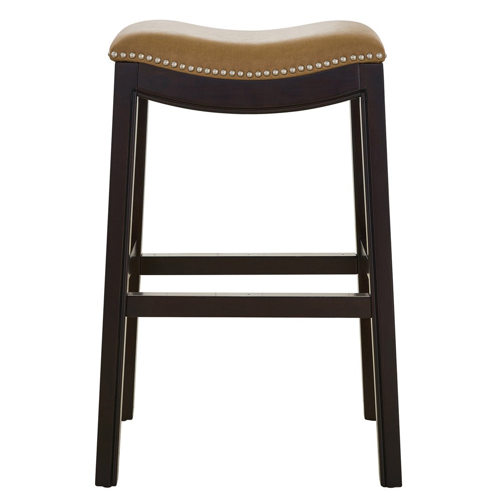 31" Tan And Espresso Faux Leather And Solid Wood Backless Counter Height Bar Chair HomeRoots