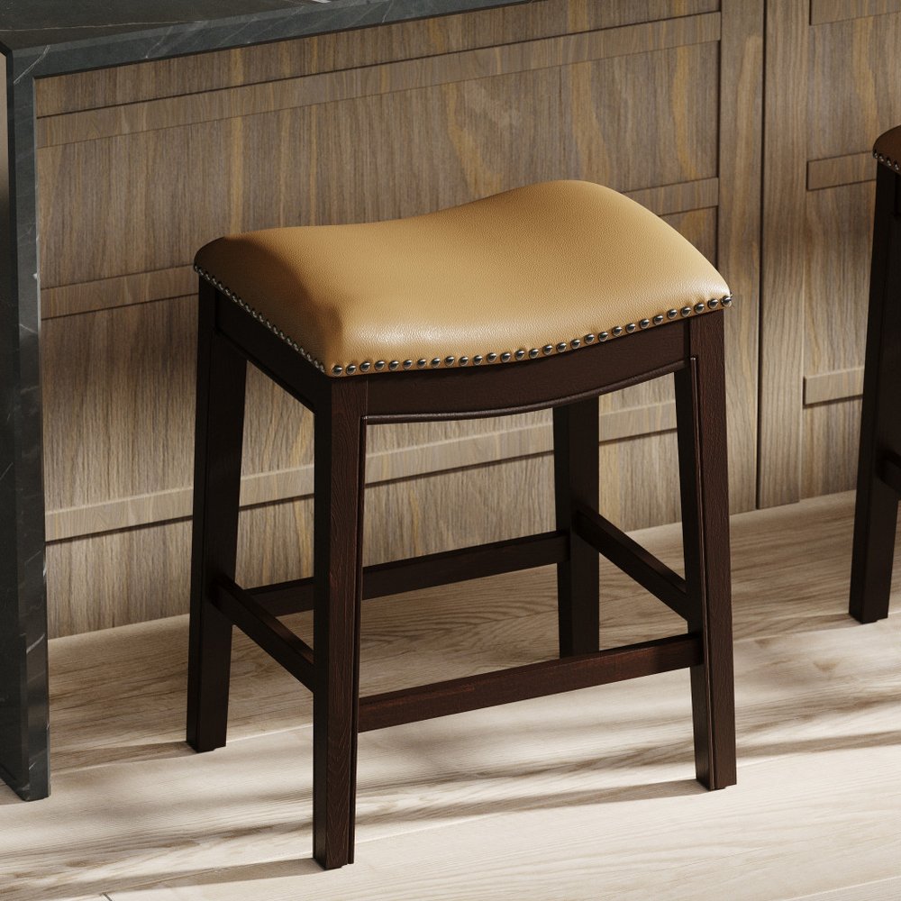 26" Tan And Espresso Solid Wood Backless Bar Height Bar Chair HomeRoots