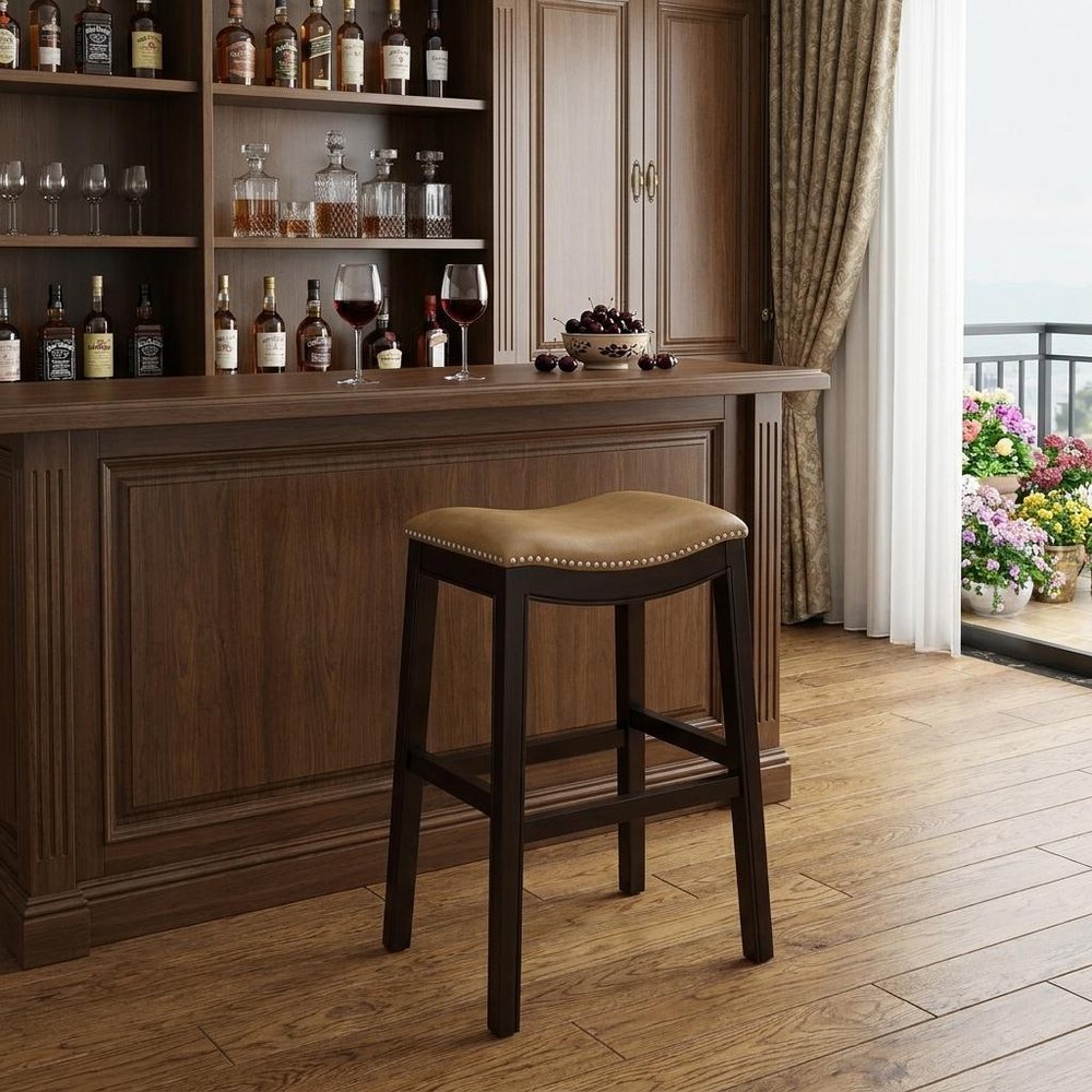 26" Tan And Espresso Solid Wood Backless Bar Height Bar Chair HomeRoots