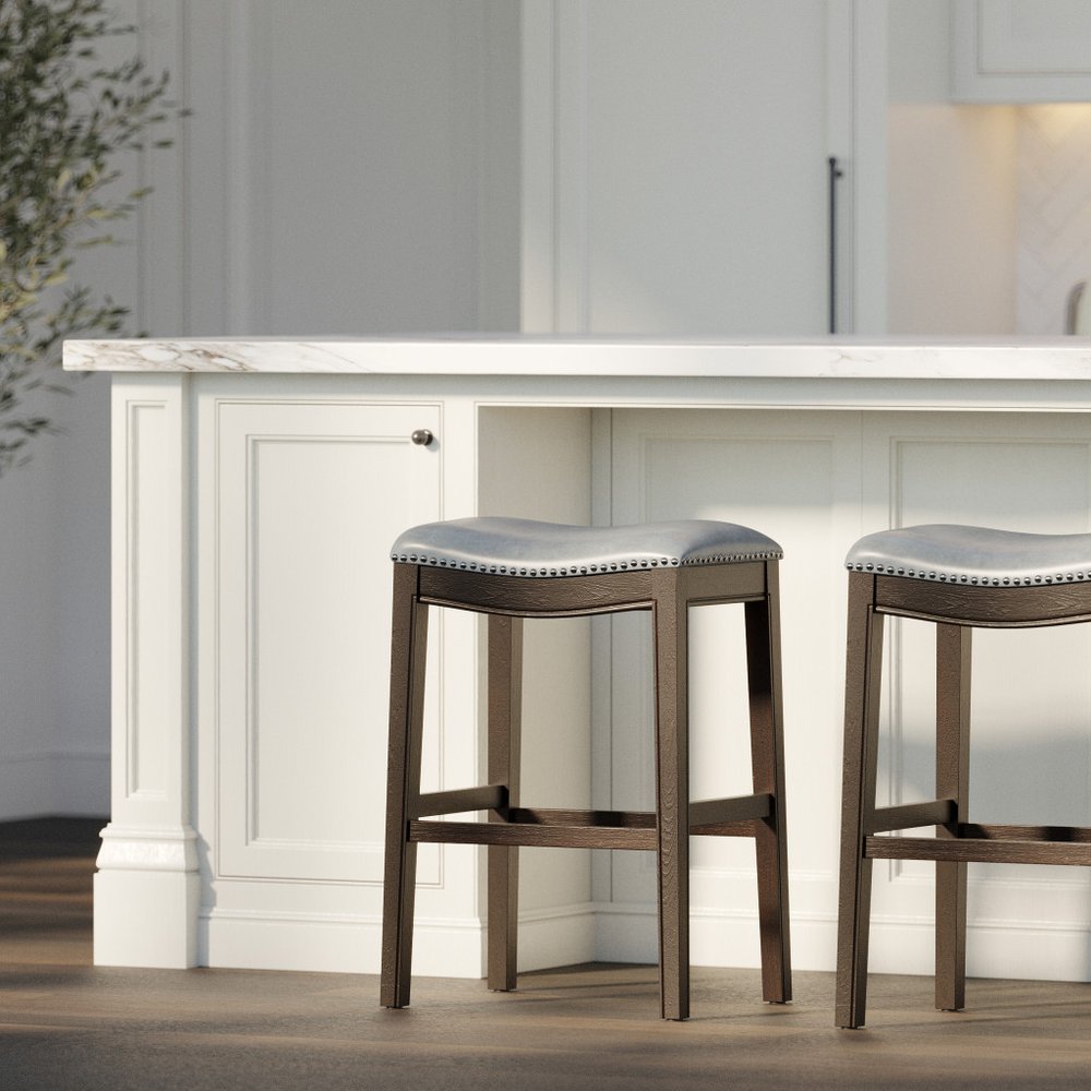 31" Gray and Espresso Faux Leather and Solid Wood Backless Bar Height Bar Chair HomeRoots