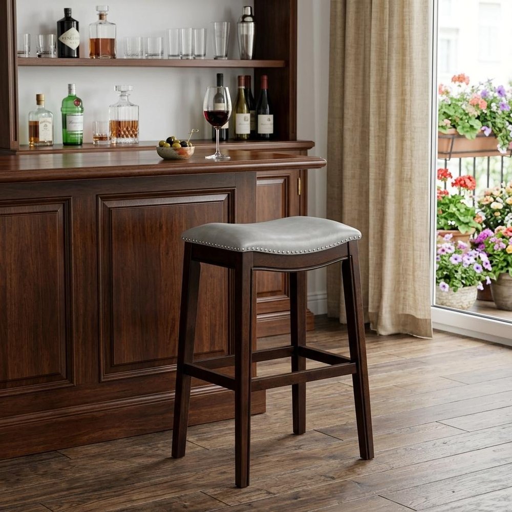 31" Gray And Espresso Faux Leather And Solid Wood Backless Bar Height Bar Chair HomeRoots