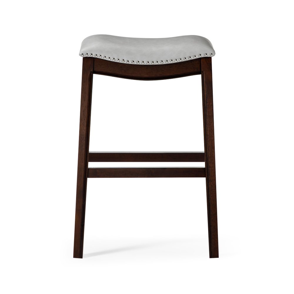 31" Gray And Espresso Faux Leather And Solid Wood Backless Bar Height Bar Chair — view 2