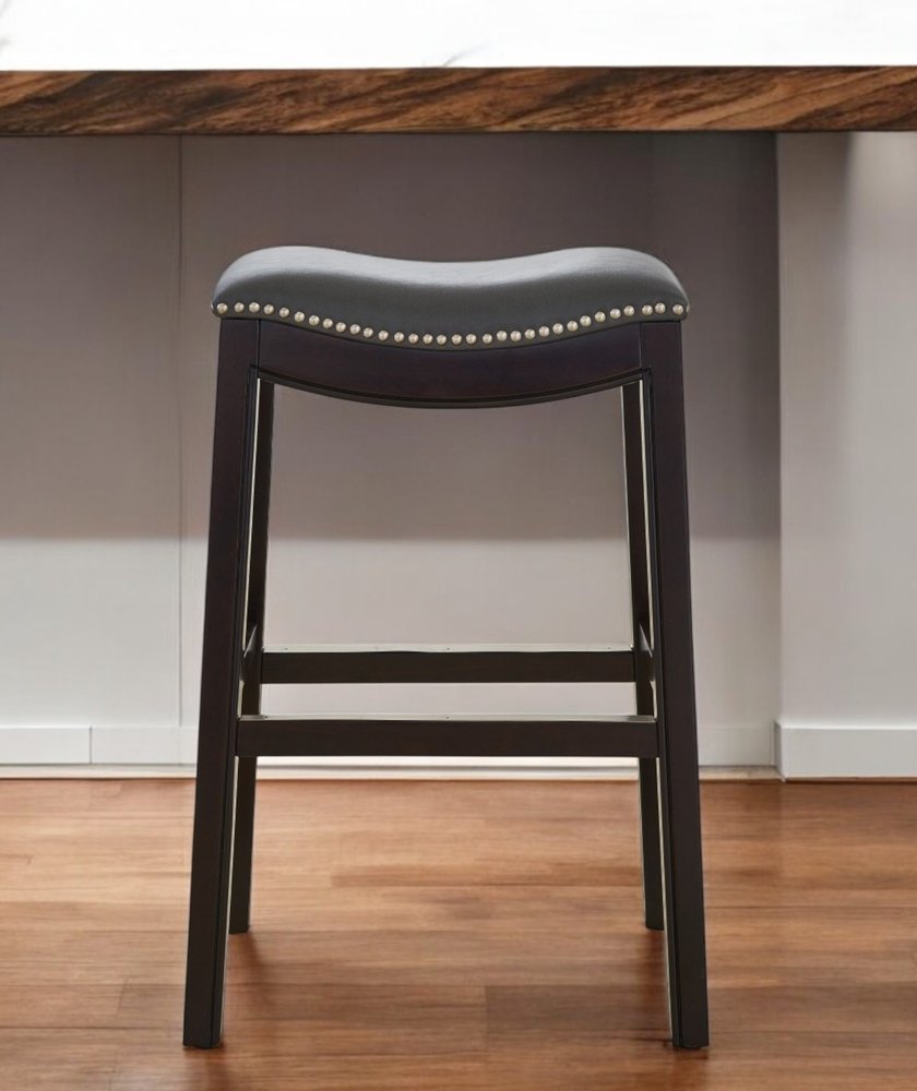 31" Gray and Espresso Faux Leather and Solid Wood Backless Bar Height Bar Chair HomeRoots